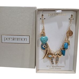 💙▪️Persimmon ▪️Gold/Turquoise Evil Eye Horseshoe Charm 16in Brass Necklace